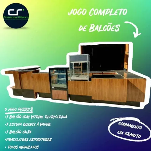 Jogo de balcões modular completo com vitrine refrigerada omega e balcão caixa