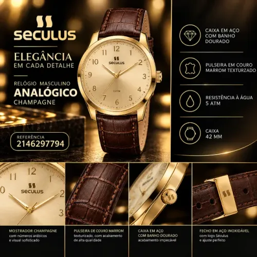 Relógio Masculino Seculus Champagne Dourado com Pulseira de Couro