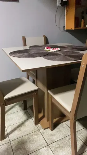 Conjunto Sala de Jantar Mesa Tampo de Madeira 4 Cadeiras Rustic/Crema/Sintético Bege Brian