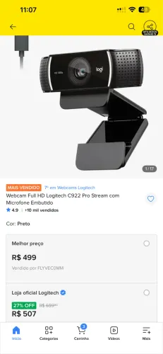 Câmera webcam pc Logitech c922 1080p