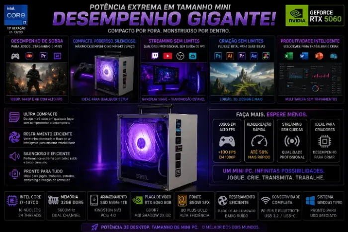 PC Gamer Mini ITX | i7-13700 32GB DDR5 | SSD 1TB | RTX5060 8GB GDDR7 | Wifi 6E