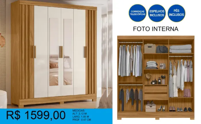 GUARDA ROUPA - CORREDOÇA TELESCÓPICAS- PRONTA ENTREGA