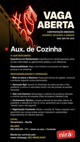 VAGA DE AUX DE COZINHA - CONTRATAÇÃO IMEDIATA!