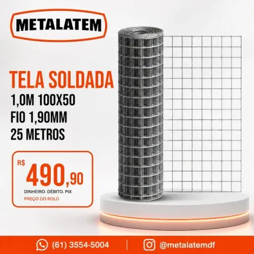 Tela Soldada 1,0m - Malha 100x50mm - Fio 1,90mm - Rolo 25 Metros