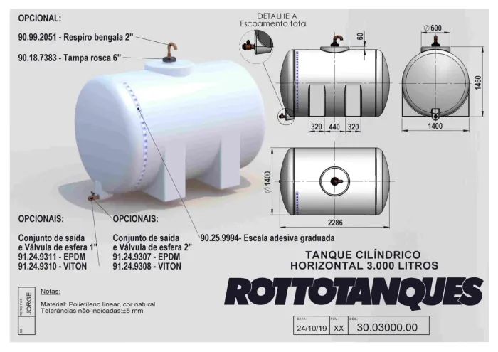 Tanque Cilíndrico Horizontal 3.000 Litros Rottotanques - Sem Tampa