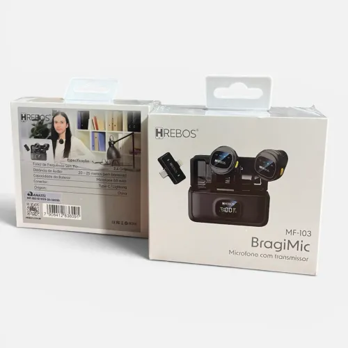 Microfone de Lapela Sem Fio HREBOS BragiMic MF-103 ? Type-C e Lightning, Duplo 