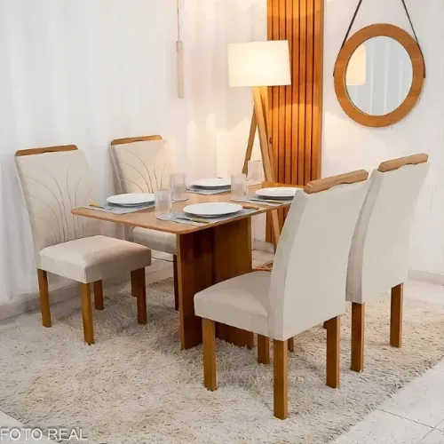Mesa de Jantar Salina Tampo Londres Cinamomo 120x80 4 Cds Parati Veludo Bege Cel Móveis