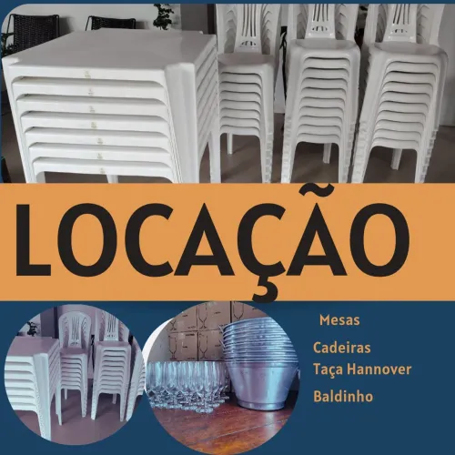Locação Mesas e Cadeiras Plásticas, taças de vidro.