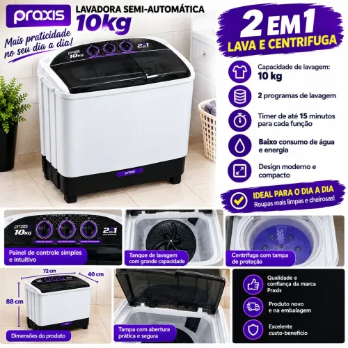 Lavadora Praxis 10 kg - 2 em 1 | Lava e Centrifuga