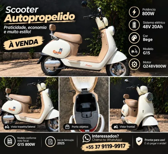 Scooter Elétrica G15 800w 48v 20ah bege