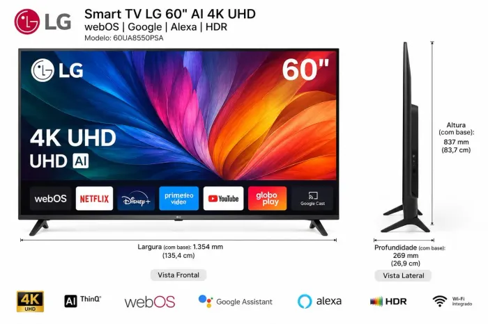 Smart TV LG 60 Polegadas AI 4K UHD webOS Google Alexa HDR 60UA8550PSA