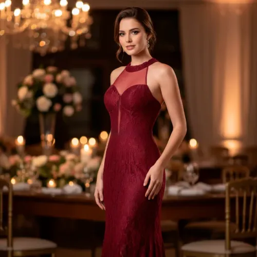 Vestido de festa em renda marsala com costas em tule para mulheres altas