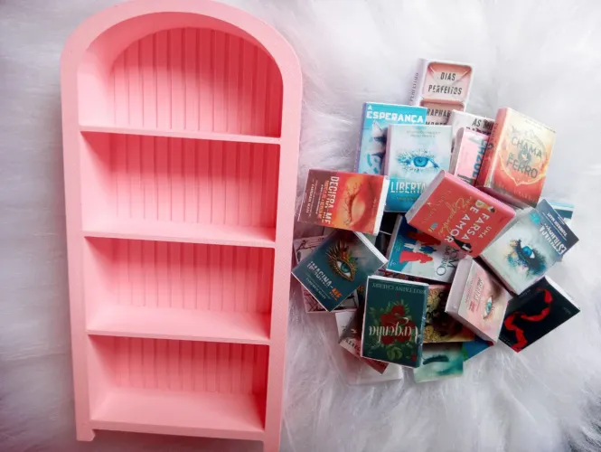 Mini estante decorativa + 27 mini livros + brinde
