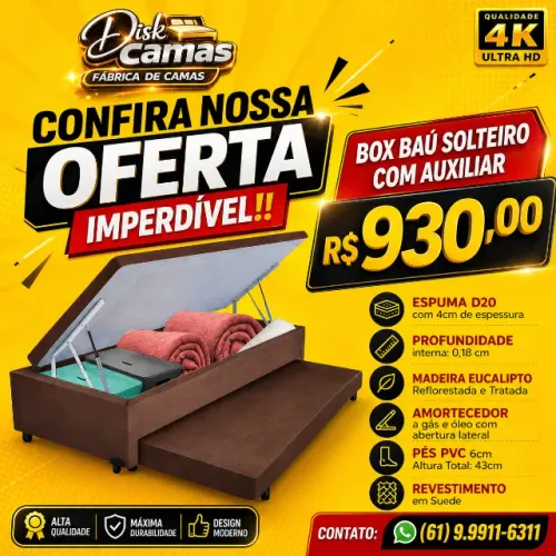 Box Baú Solteiro com Auxiliar - Organização, Conforto e Qualidade Direto da Fábrica!