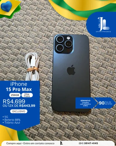 IPHONE 15 PRO MAX, 5G, 256GB, CHIP FÍSICO, TITÂNIO AZUL, SEMINOVO , EXCLUSIVO!
