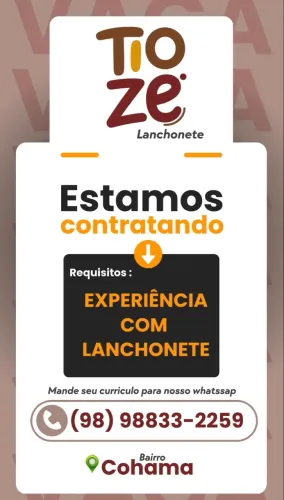 Estamos Contratando! Auxiliar de Cozinha para Início Imediato - Lanchonete Tio Zé