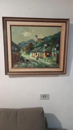 Quadro antigo pintura a óleo com moldura -  69 x 61 cm