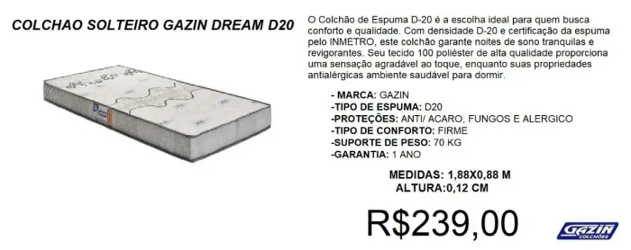 Colchão d20 espuma de alta qualidade - temos a pronta entrega