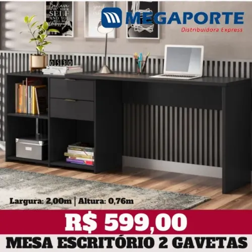Mesa Escritório 2,00m Office 2 Gavetas 3 Nichos (Novo) Entrega Grátis! 