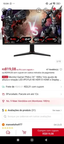 MONITOR GAMER 180HZ COM HDR10