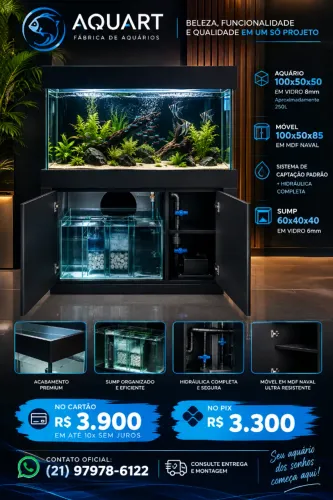 Aquário 100x50x50 em vidro 8mm ? Aproximadamente 250L COMPLETO