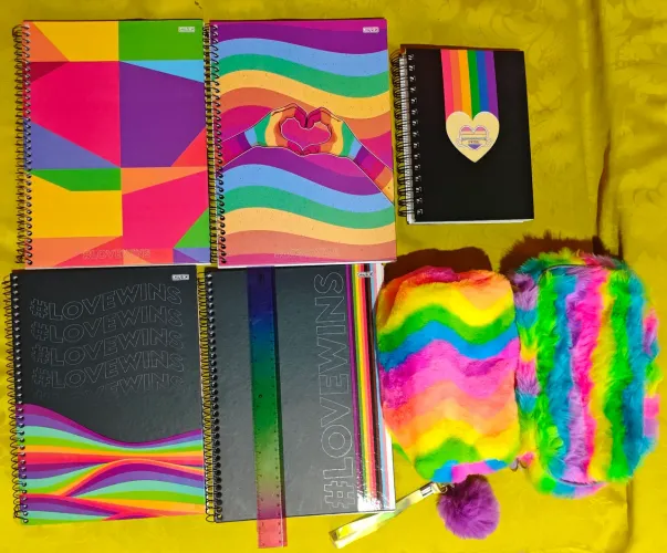Kit Material escolar LGBT+ colorido arco-íris cadernos e estojos 