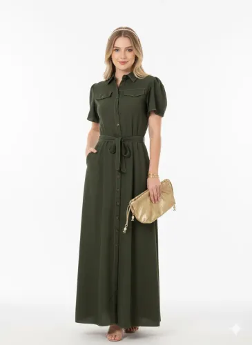 Vestido (novo) verde com faixa e botões funcionais, tecido de linho com viscose