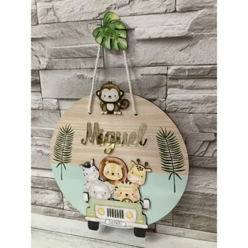 Porta Maternidade Decoração de Quarto Safari Nome em Acrilico Dourado
