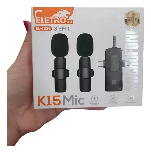 Microfone Lapela 3 EM 1 Sem Fio, 20m, Cancelamento De Ruído.