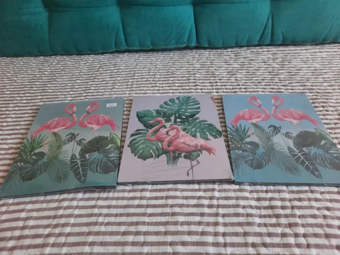 Conjunto 3 quadros flamingos