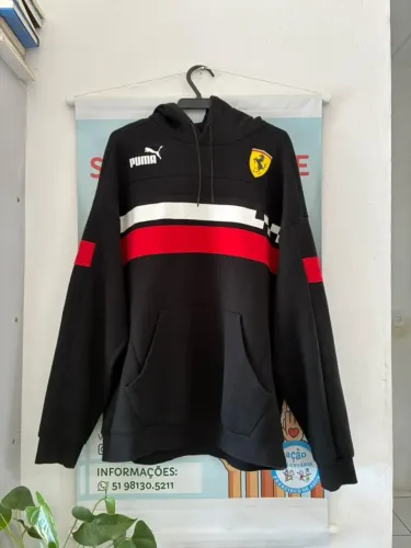 Moletom Preto Puma Ferrari Race SDS Listras Vermelhas e Brancas Seminovo
