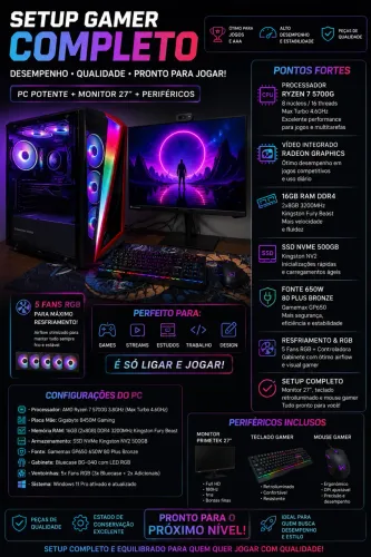 SETUP GAMER COMPLETO - RYZEN 7 5700G + 16GB RAM + SSD NVME 500GB + MONITOR 27?