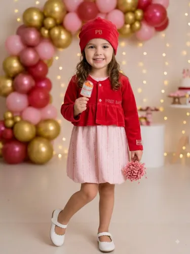 CONJ INFANTIL COM VESTIDO, CASAQUINHO DE VELUDO E GORRO - TAM 3 ANOS - NOVO COM ETIQUETA!