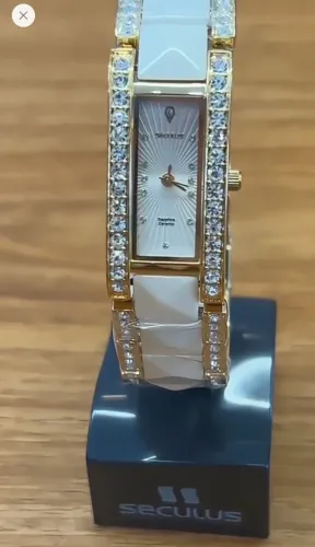 Relógio Seculus Feminino 19mm Dourado Cerâmica Nude Cravejado Zircônia