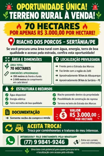 TERRENO DE 70 HECTARES À VENDA POR R$ 3.000/HA, SERTÂNIA/PE!
