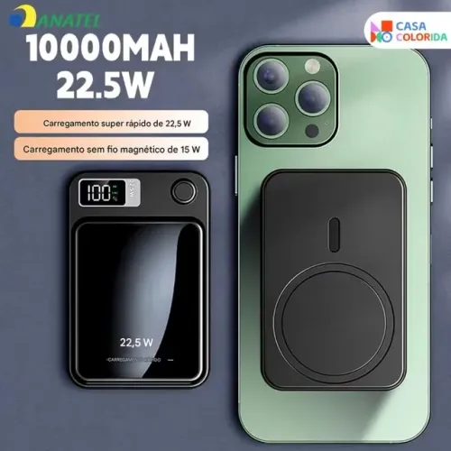 Bateria Portátil 10000mAh com Carregamento por Indução MagSafe e Tela LED
