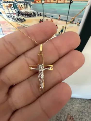 Cordão masculino 3,7 gramas, ouro 18k com pingente em ouro amarelo e ouro branco