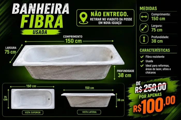 Banheira de fibra usada Obs: não é de hidromassagem.