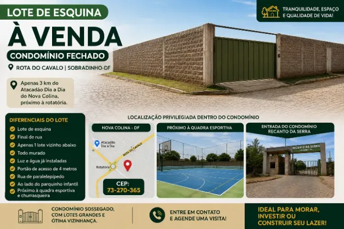 Lote de esquina, em condominio fechado, murado com agua e luz ao lado por parquinho.