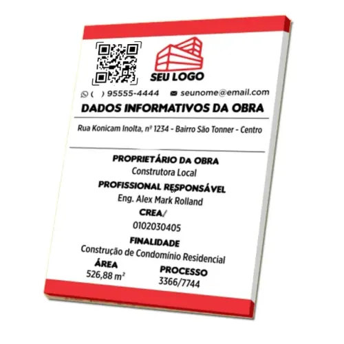 Placa para obra tamanho 60x90cm padrão CREA metalon Lona HD PRO QR Code alta definição