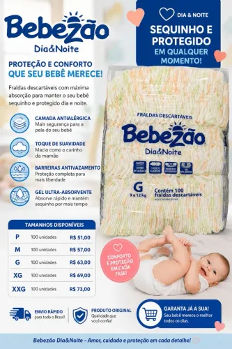 Fraldas bebê pacotão com 100 unidades dia e noite