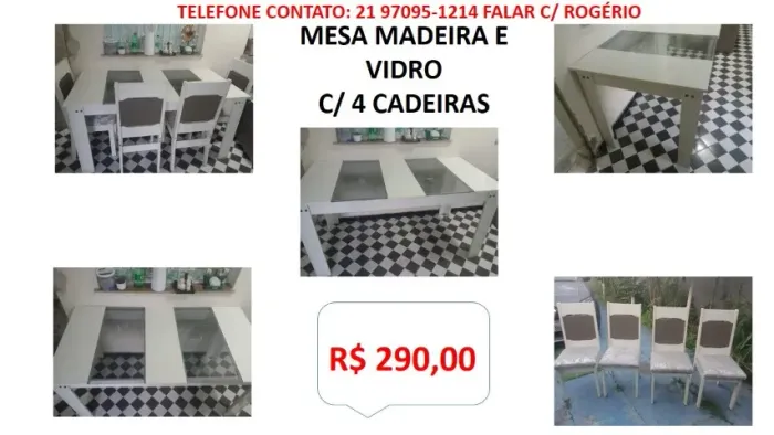 Mesa de Jantar madeira e vidro c/ 4 cadeiras