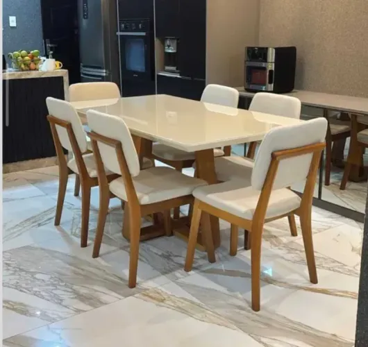MESA PEDRO 1,60X0,80 CANTO COPO OFF WHITE COM 6 CADEIRAS GAYA