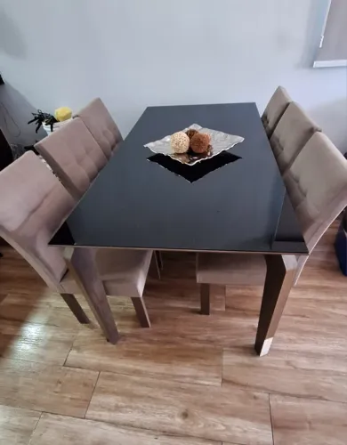 Conjunto Mesa de Jantar Rouge Tampo de Madeira Chanfrado Com Vidro Dj Móveis com 6 cadeira