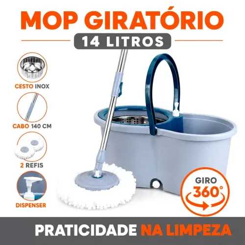 MOP Giratório - Cabo 140cm - Cesto Inox - Balde 14L - 2 Refis - Cinza