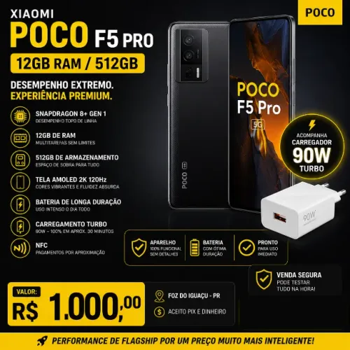 Xiaomi Poco F5 PRO 12/512gb - Carregador Hyper Charge 90 Watts