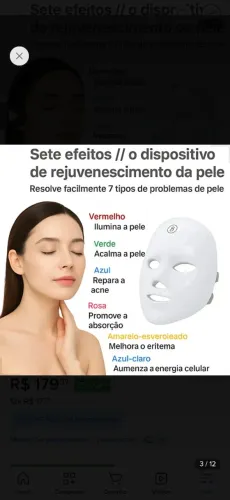 Máscara Led Terapia Facial Estética Colágeno Linha Expressão 127/220v