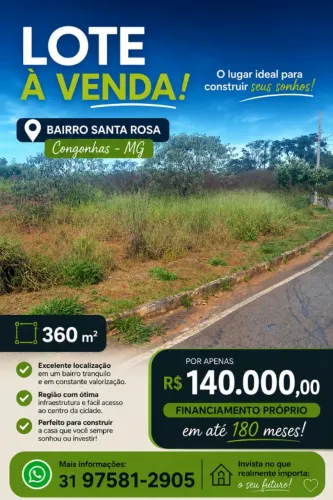 Lote a venda em Congonhas finaciamento em até 180 meses