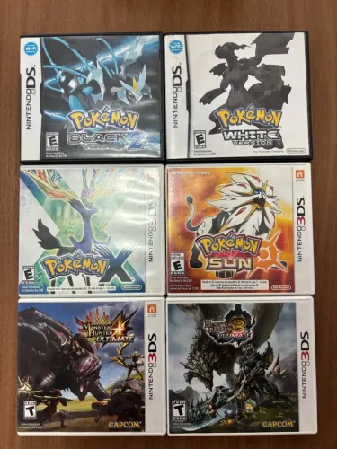 Jogos de 3DS e DS (Pokémon Sun e X, Monster Hunter)