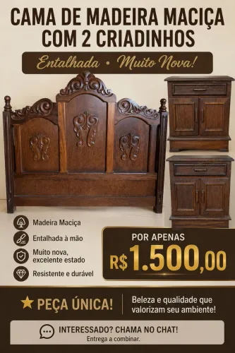 Cama de madeira maciça entalhada + 2 criados, muito nova